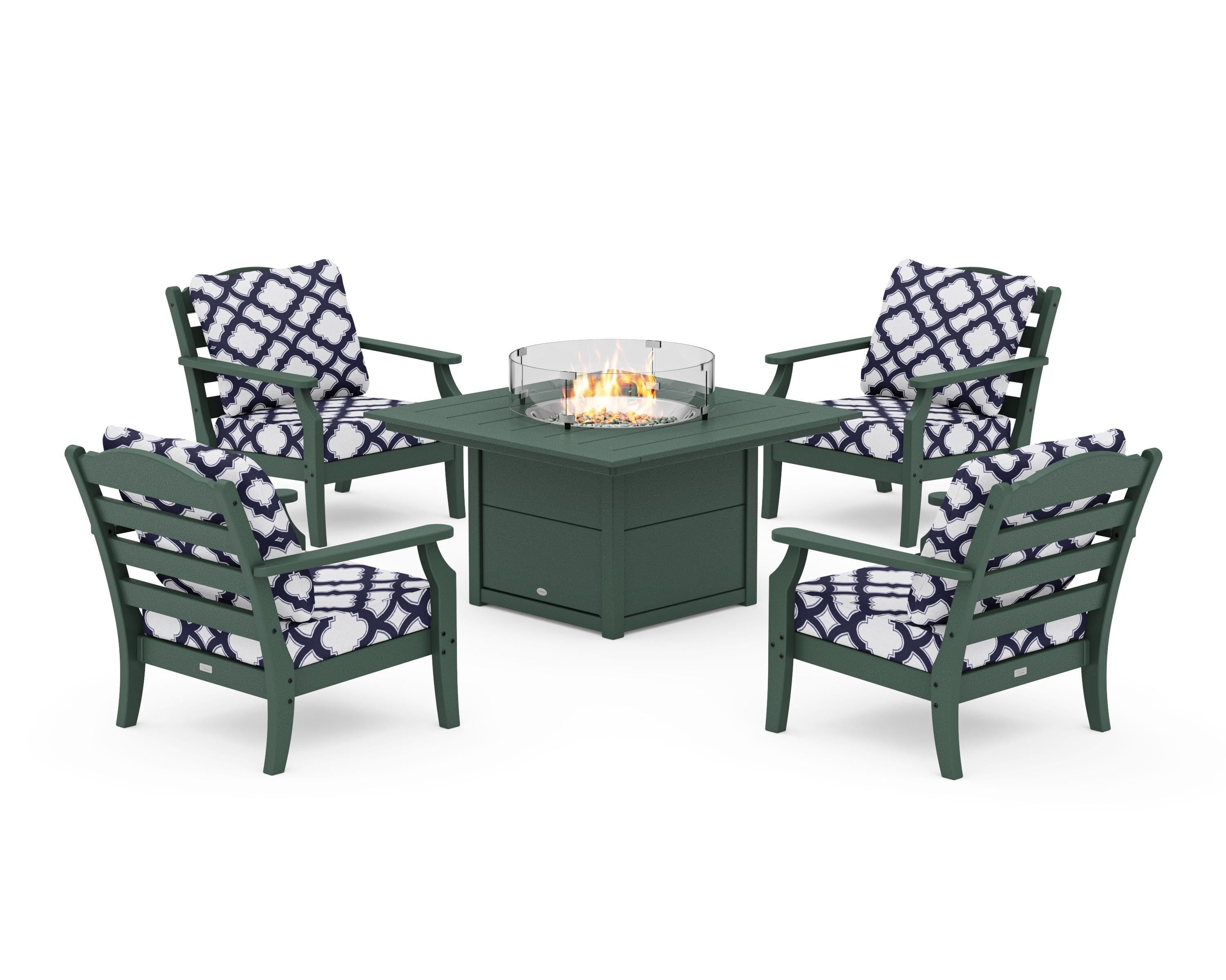 Draper James™ by  POLYWOOD® Savannah 5-Piece Deep Seating Set with Fire Pit Table in Green / Trellis Navy