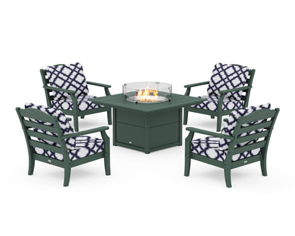 Draper James™ by  POLYWOOD® Savannah 5-Piece Deep Seating Set with Fire Pit Table in Green / Trellis Navy