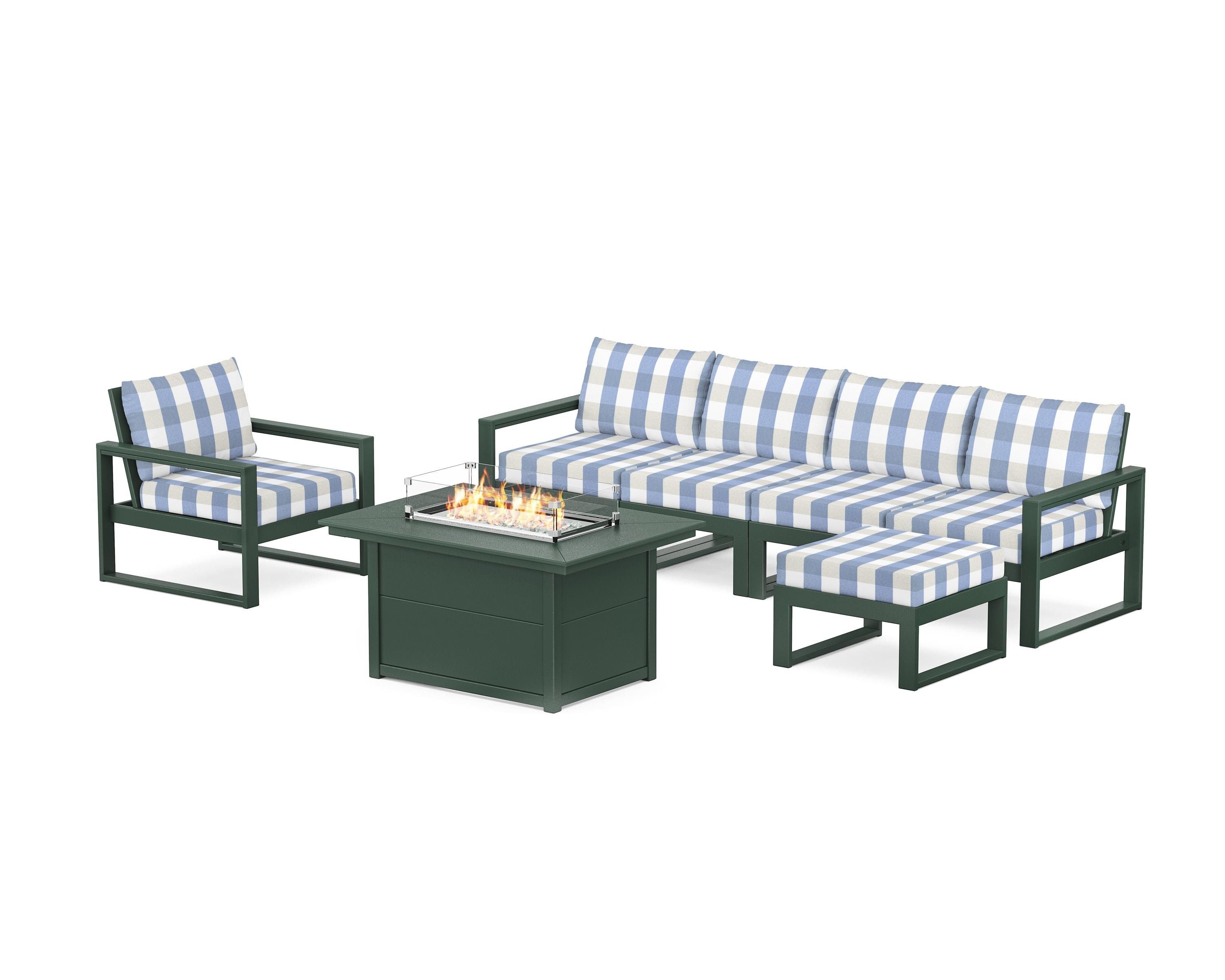 POLYWOOD® EDGE Sectional Lounge and Fire Pit Set in Green / Buffalo Plaid Sky Blue