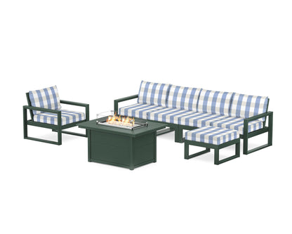 POLYWOOD® EDGE Sectional Lounge and Fire Pit Set in Green / Buffalo Plaid Sky Blue