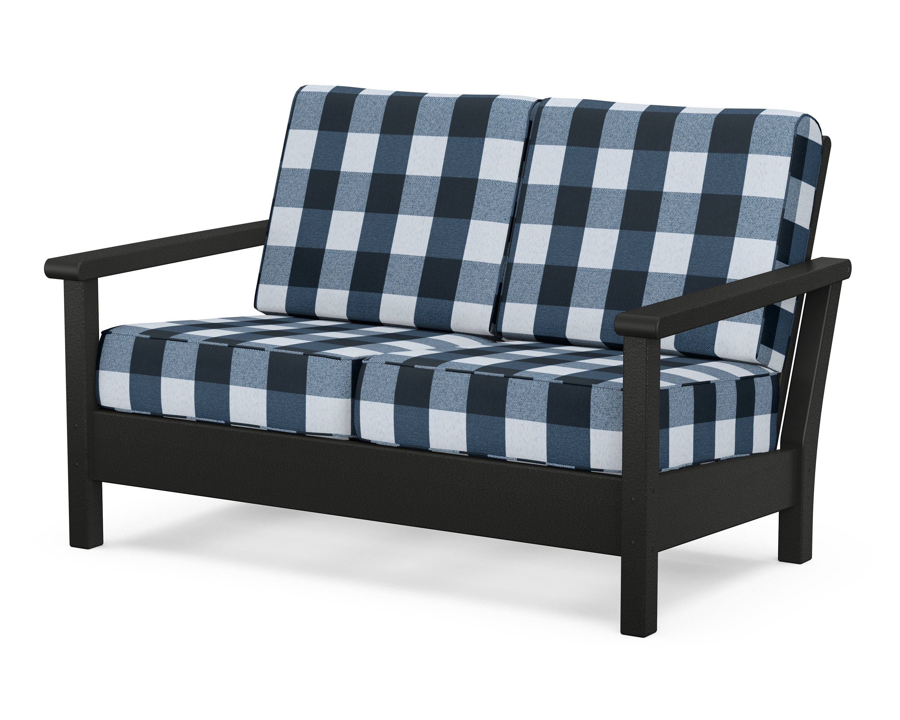 POLYWOOD® Harbour Deep Seating Loveseat in Black / Buffalo Plaid Marine Indigo