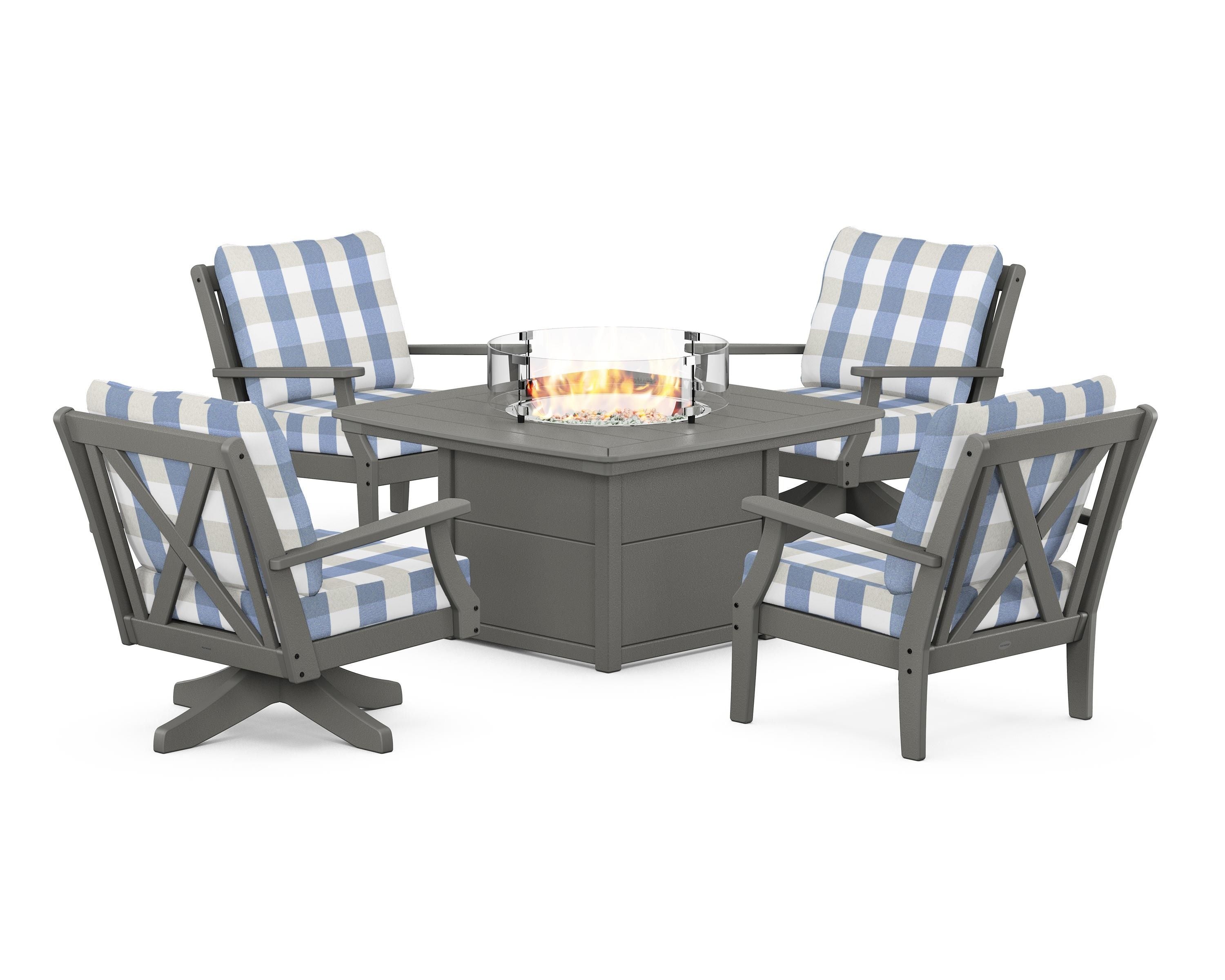 POLYWOOD® Braxton 5-Piece Deep Seating Set with Fire Table in Slate Grey / Buffalo Plaid Sky Blue
