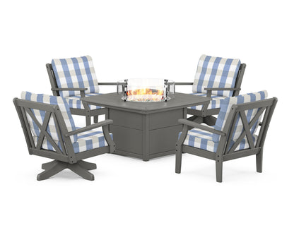 POLYWOOD® Braxton 5-Piece Deep Seating Set with Fire Table in Slate Grey / Buffalo Plaid Sky Blue