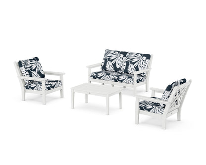 POLYWOOD® Chippendale 4-Piece Deep Seating Set with Loveseat in White / Leaf Marine Indigo