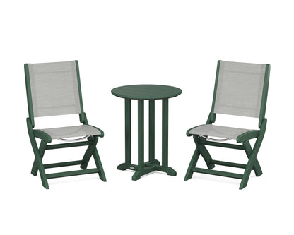 POLYWOOD® Coastal Folding Side Chair 3-Piece Round Bistro Dining Set in Green / Metallic Sling
