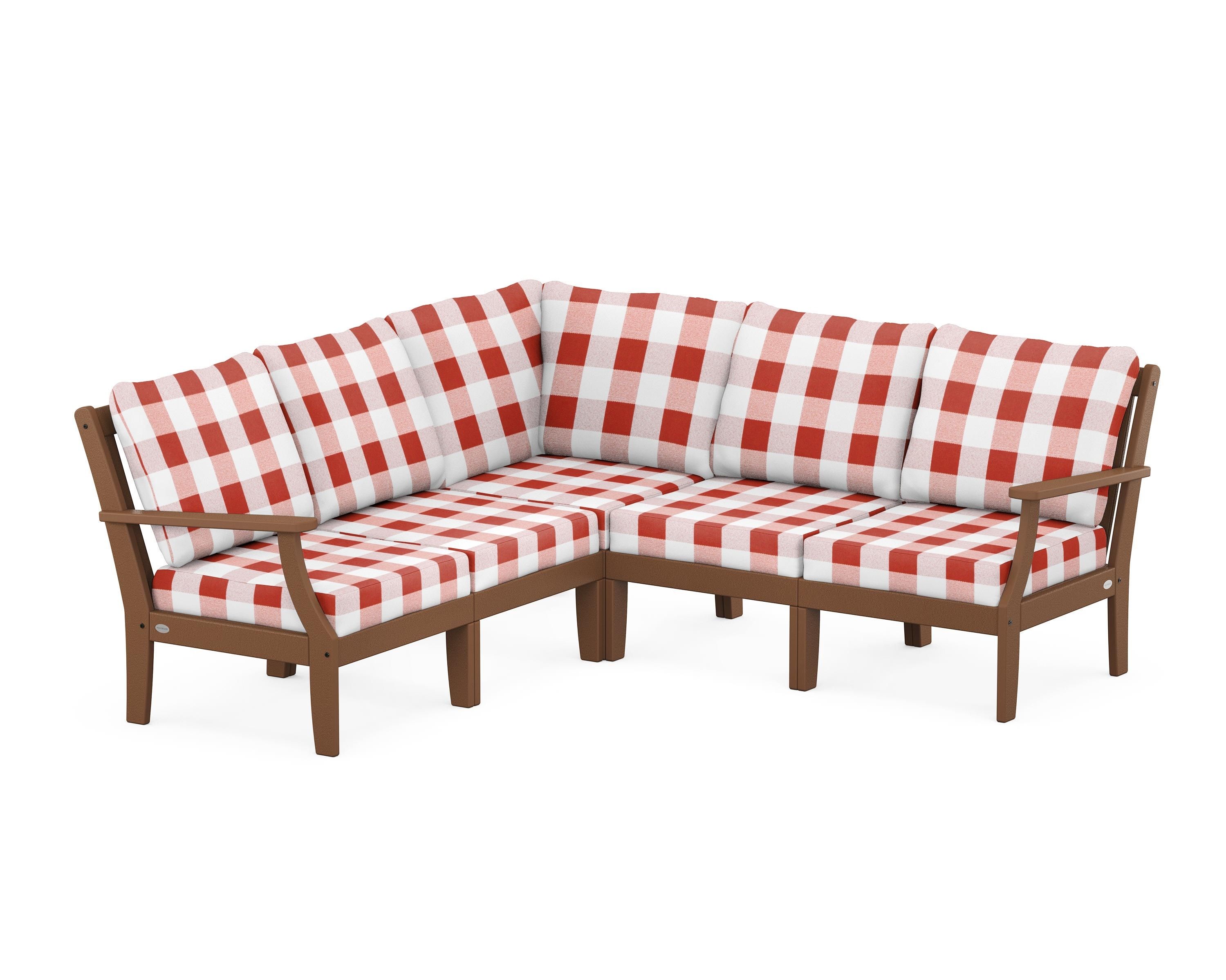 POLYWOOD® Braxton Modular 5-Piece Deep Seating Set in Teak / Buffalo Plaid Crimson