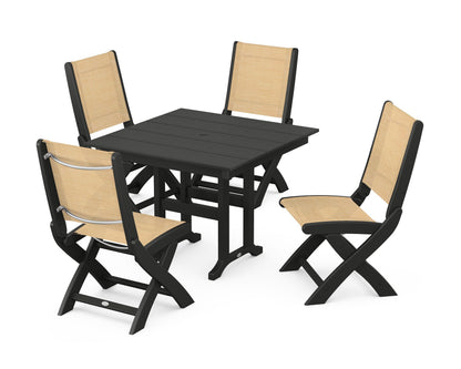 POLYWOOD® Coastal Folding Side Chair 5-Piece Farmhouse Dining Set in Black / Dupioni Apricot Sling