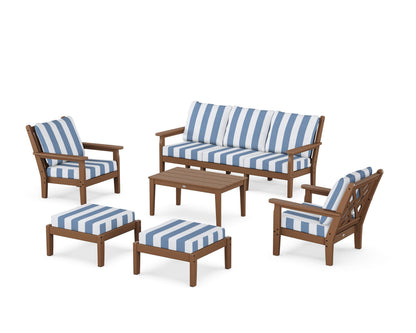 POLYWOOD® Chippendale 6-Piece Lounge Sofa Set in Teak / Cabana Stripe Sky Blue