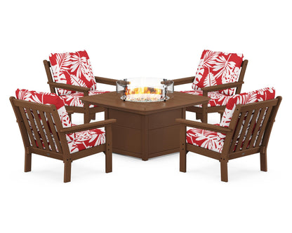 POLYWOOD® Vineyard 5-Piece Conversation Set with Fire Pit Table in Teak / Leaf Crimson