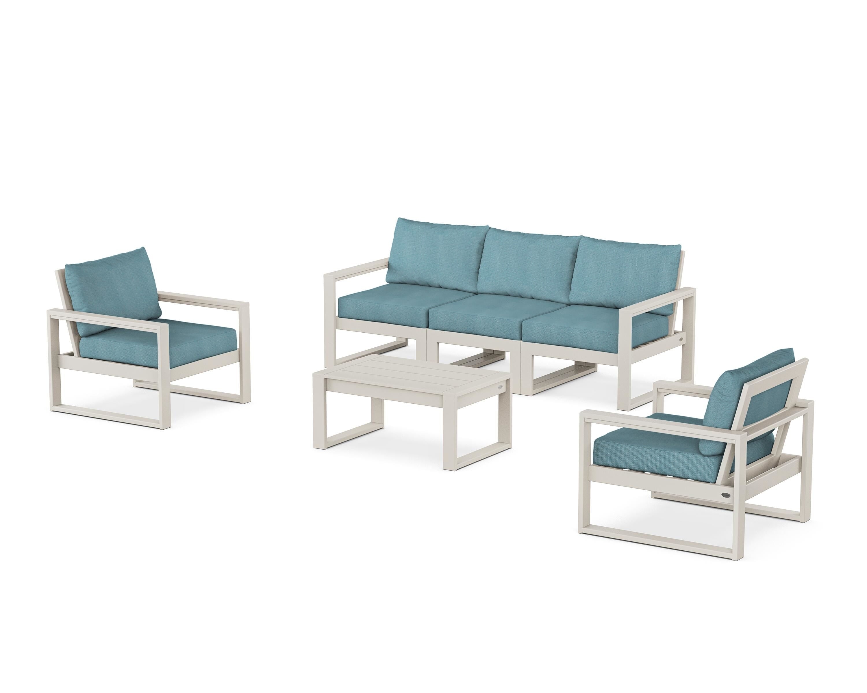 POLYWOOD® EDGE Sectional 4-Piece Deep Seating Set with Sofa in Sand / Lattice Sky Blue