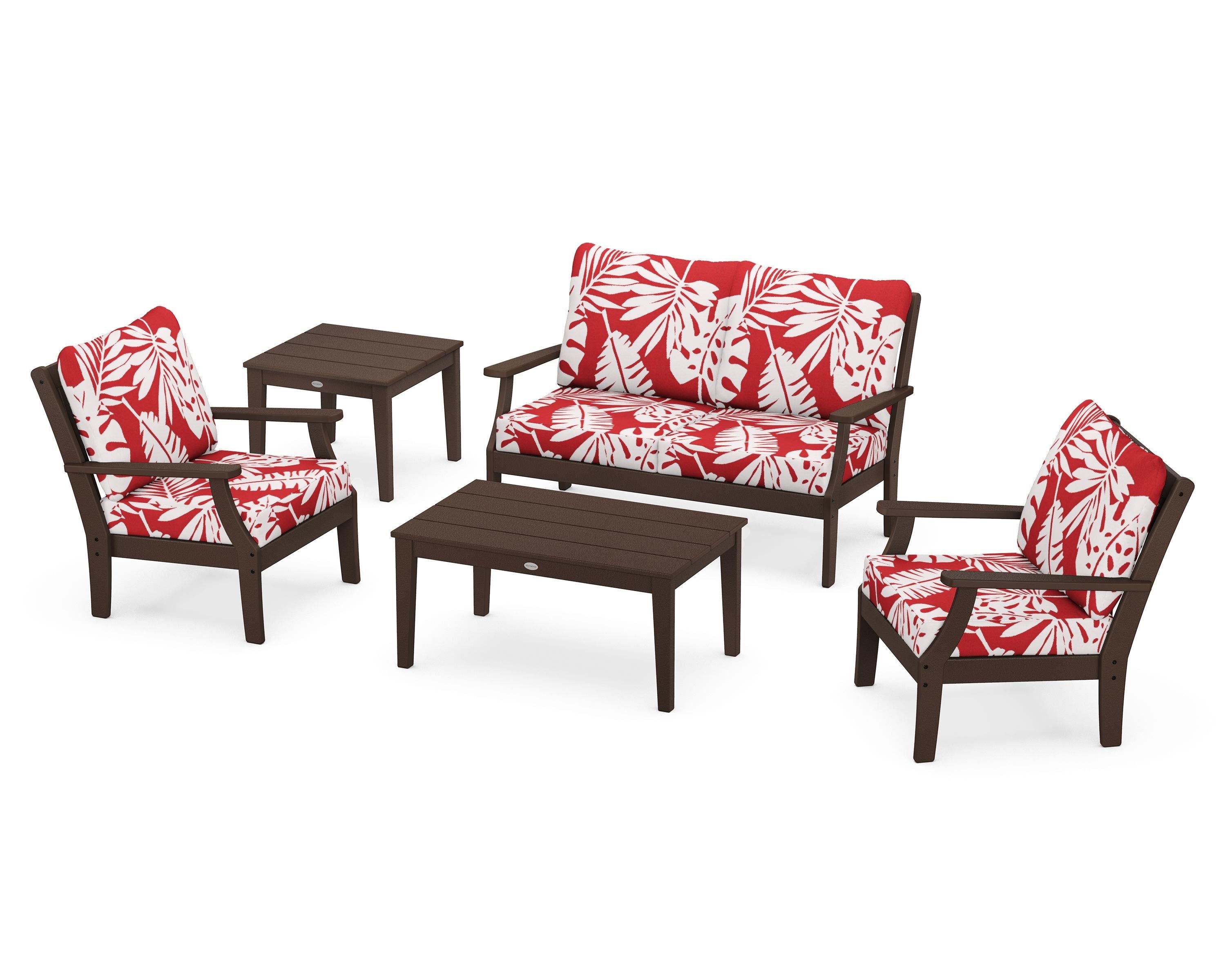 POLYWOOD® Braxton 5-Piece Deep Seating Set in Mahogany / Leaf Crimson