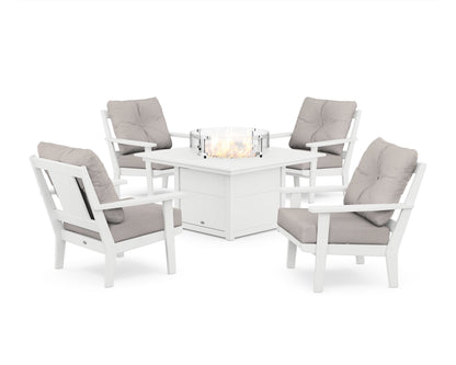 POLYWOOD® Prairie 5-Piece Deep Seating Set with Fire Pit Table in White / Dune Burlap