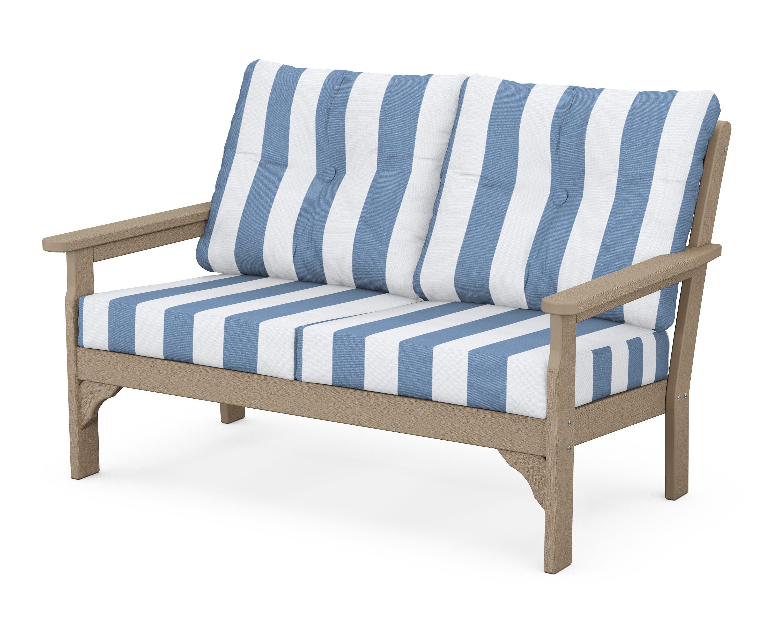 POLYWOOD® Vineyard Deep Seating Loveseat in Vintage Sahara / Cabana Stripe Sky Blue