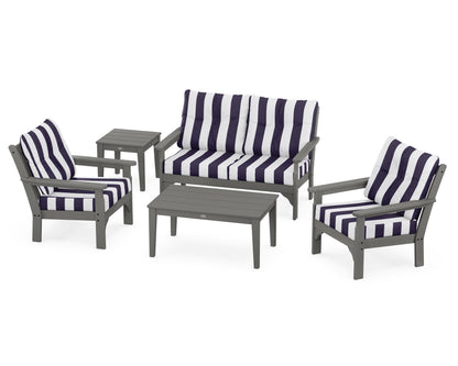POLYWOOD® Vineyard 5-Piece Deep Seating Set in Slate Grey / Cabana Stripe Navy