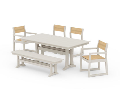 POLYWOOD® EDGE Sling 6-Piece Farmhouse Dining Set With Trestle Legs in Sand / Dupioni Apricot Sling