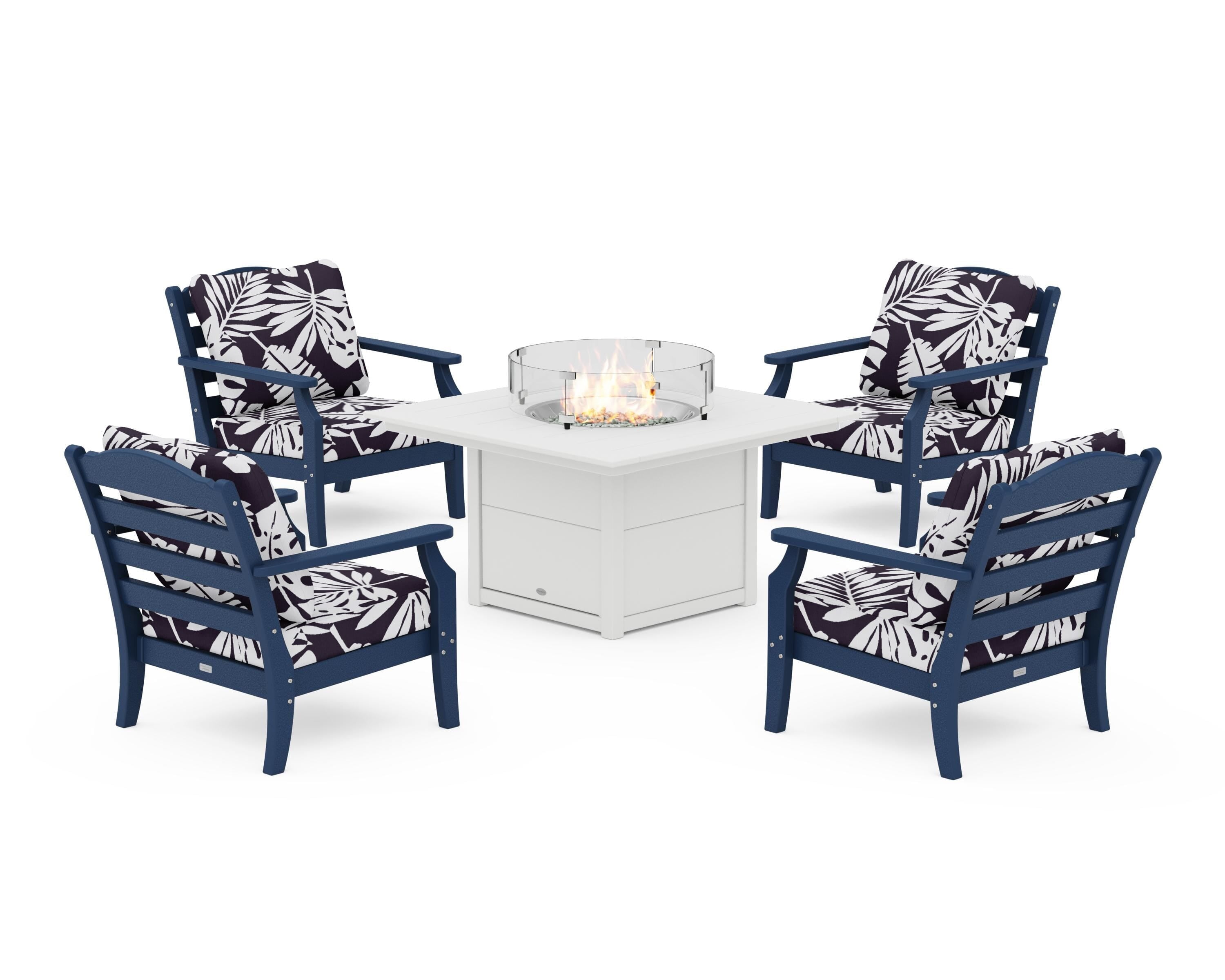 Draper James™ by  POLYWOOD® Savannah 5-Piece Deep Seating Set with Fire Pit Table in Navy / Leaf Navy