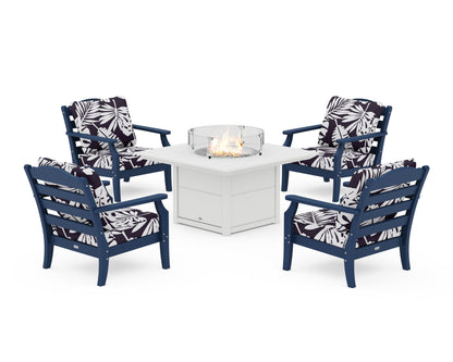 Draper James™ by  POLYWOOD® Savannah 5-Piece Deep Seating Set with Fire Pit Table in Navy / Leaf Navy