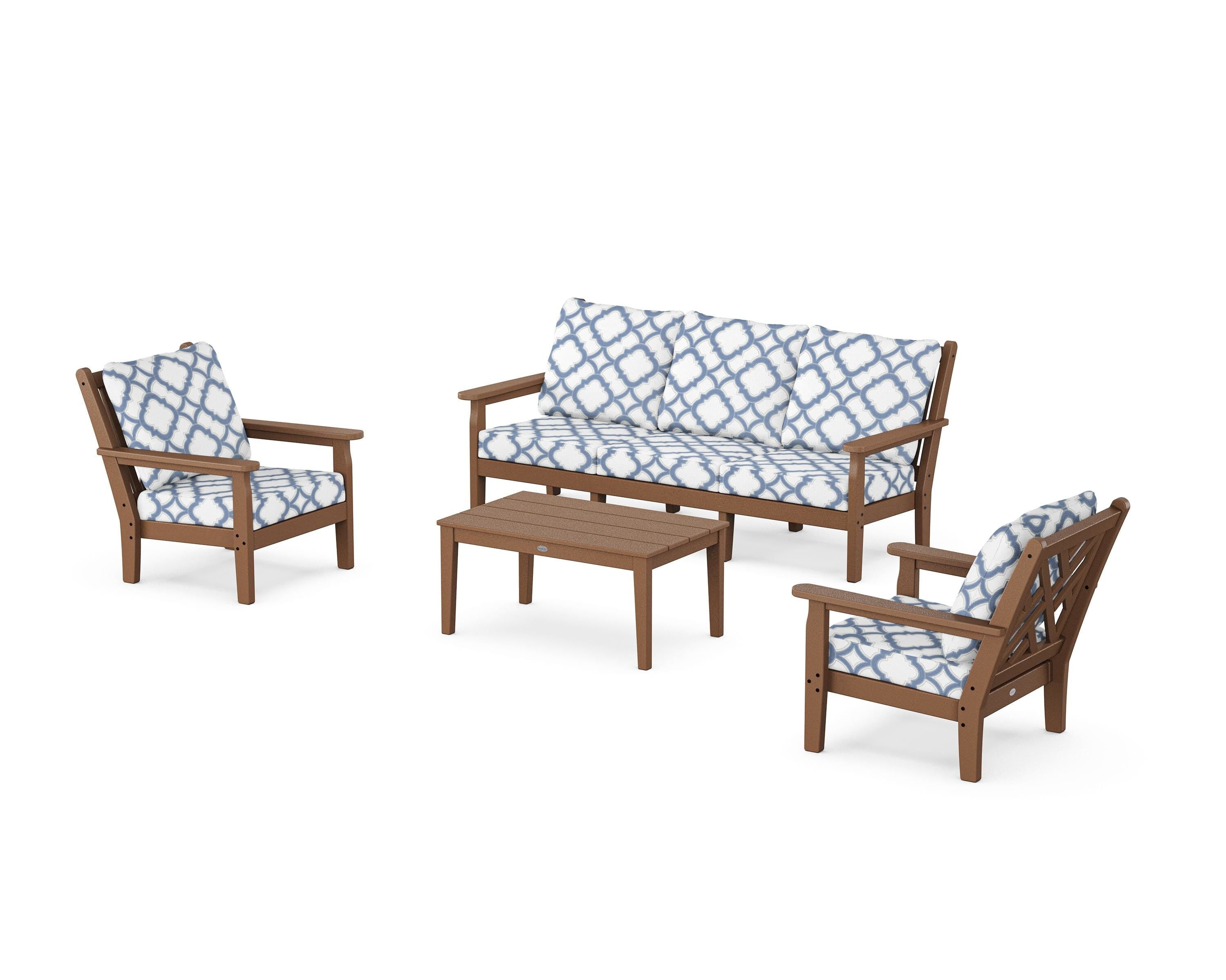 POLYWOOD® Chippendale 4-Piece Deep Seating Set with Sofa in Teak / Trellis Sky Blue
