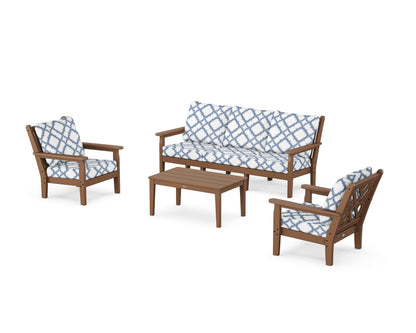 POLYWOOD® Chippendale 4-Piece Deep Seating Set with Sofa in Teak / Trellis Sky Blue