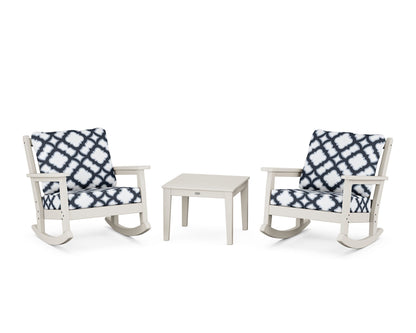 POLYWOOD® Chippendale 3-Piece Deep Seating Rocker Set in Sand / Trellis Marine Indigo