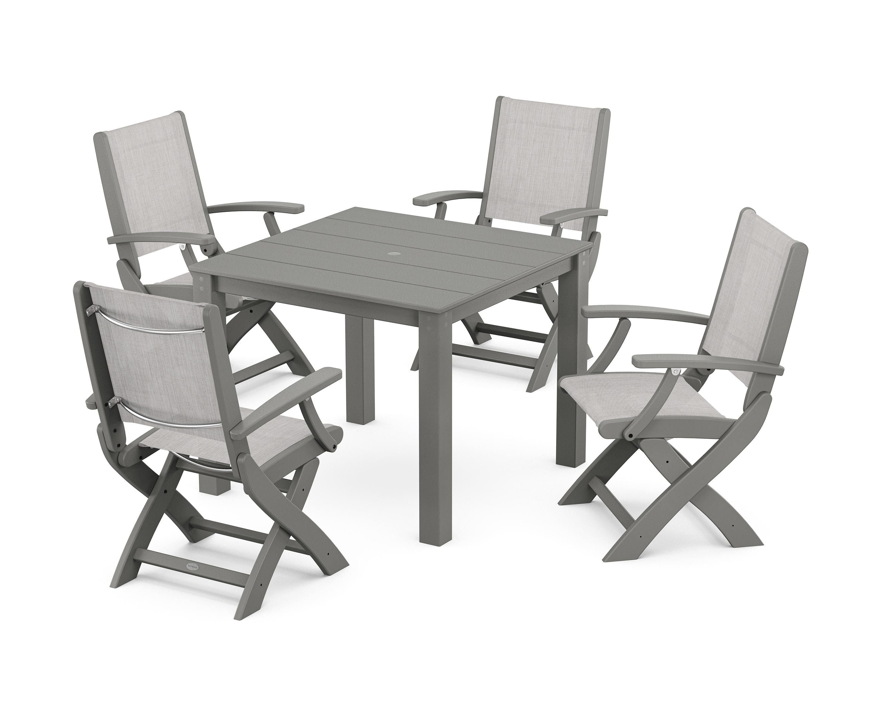 POLYWOOD® Coastal Folding Chair 5-Piece Parsons Dining Set in Green / Dupioni Aquamarine Sling