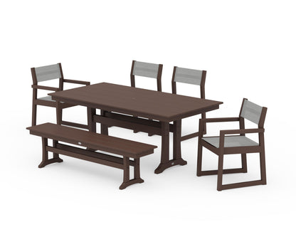 POLYWOOD® EDGE Sling 6-Piece Farmhouse Dining Set With Trestle Legs in Mahogany / Metallic Sling