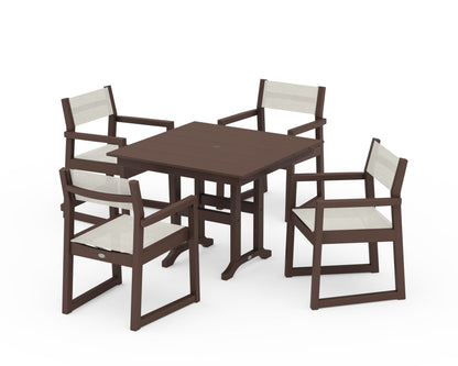 POLYWOOD® EDGE Sling Arm Chair 5-Piece Farmhouse Dining Set in Mahogany / Parchment Sling