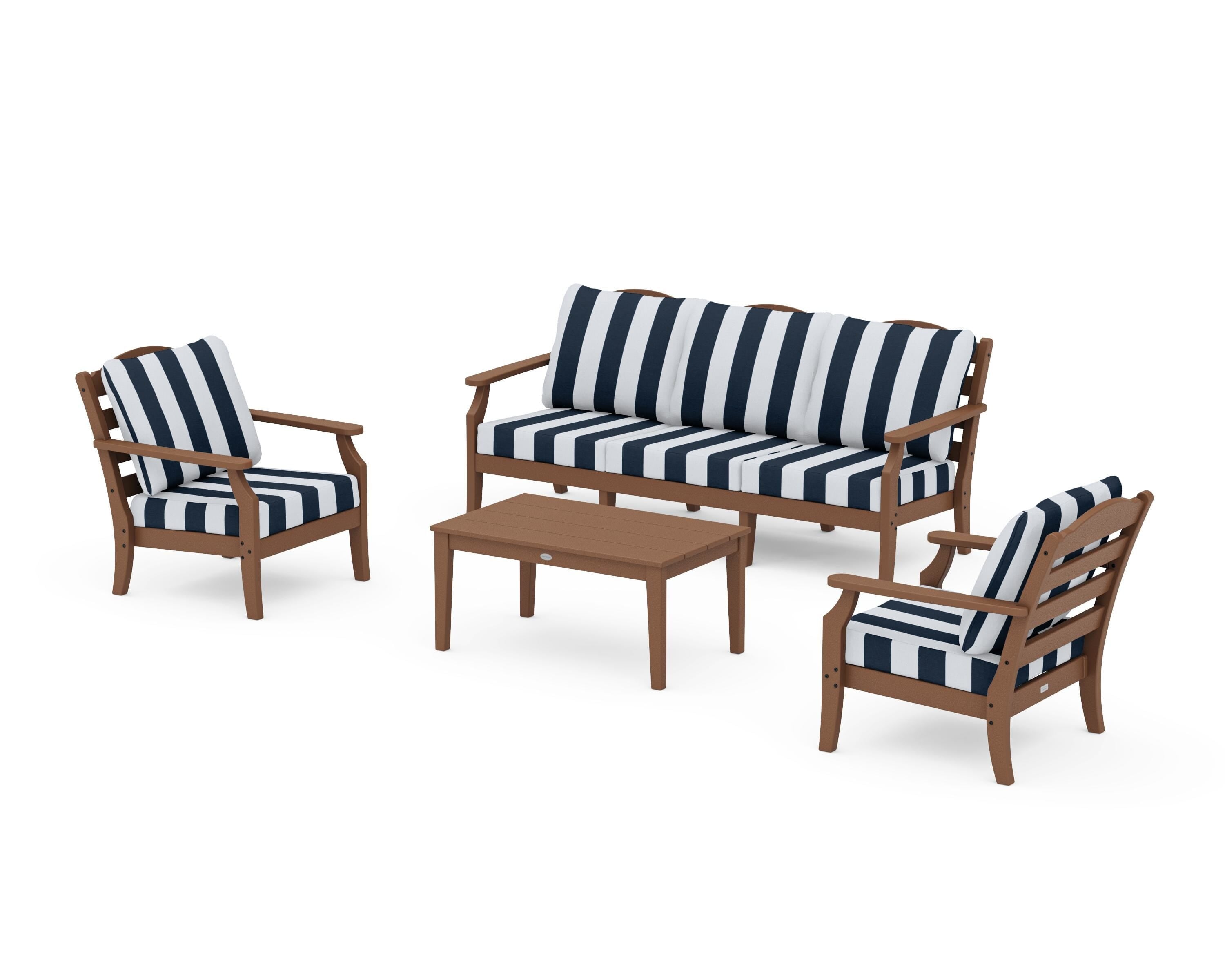Draper James™ by  POLYWOOD® Savannah 4-Piece Deep Seating Set with Sofa in Teak / Cabana Stripe Marine Indigo