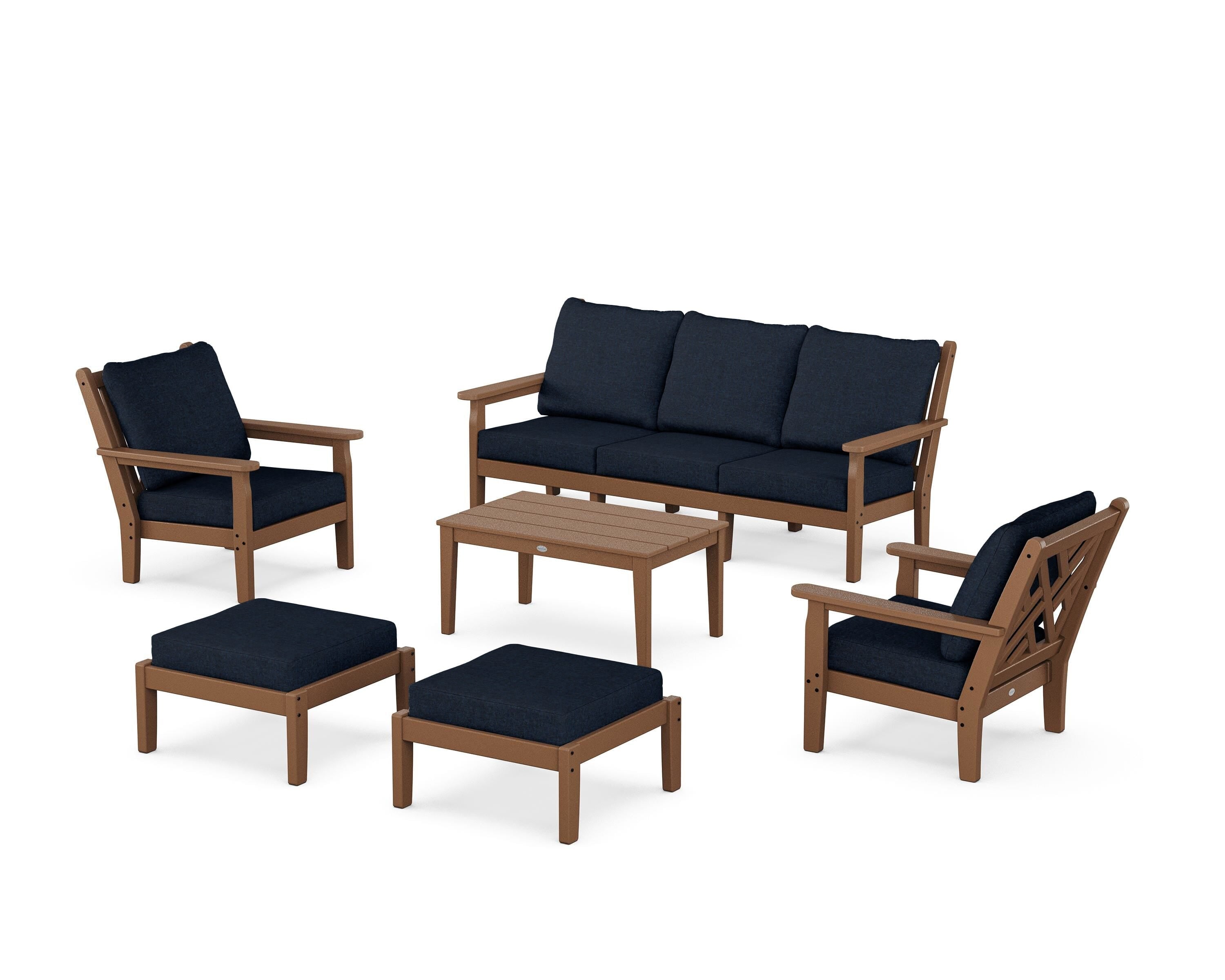 POLYWOOD® Chippendale 6-Piece Lounge Sofa Set in Teak / Marine Indigo