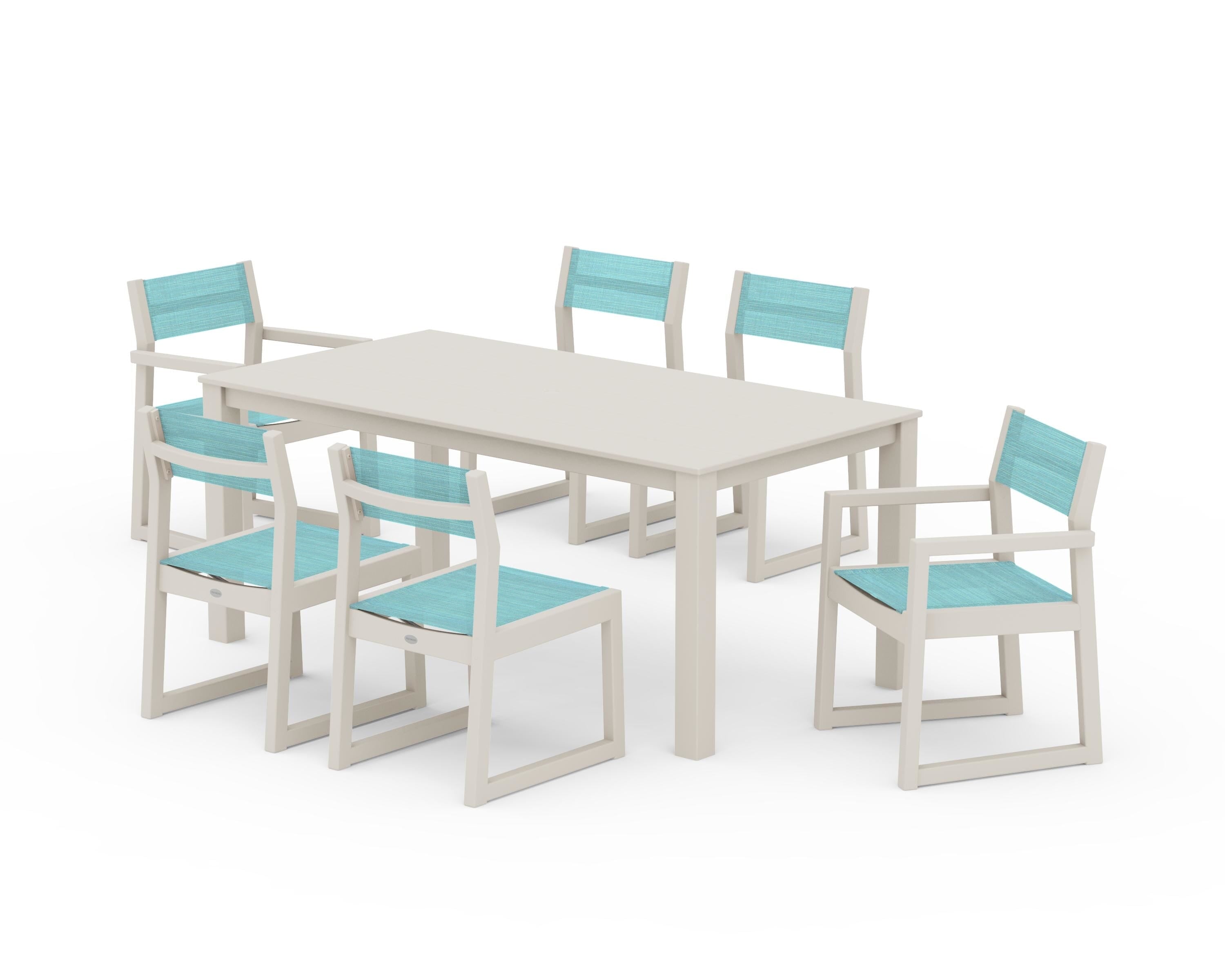 POLYWOOD® EDGE Sling 7-Piece Parsons Dining Set in Sand / Dupioni Aquamarine Sling
