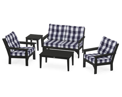 POLYWOOD® Vineyard 5-Piece Deep Seating Set in Black / Buffalo Plaid Navy