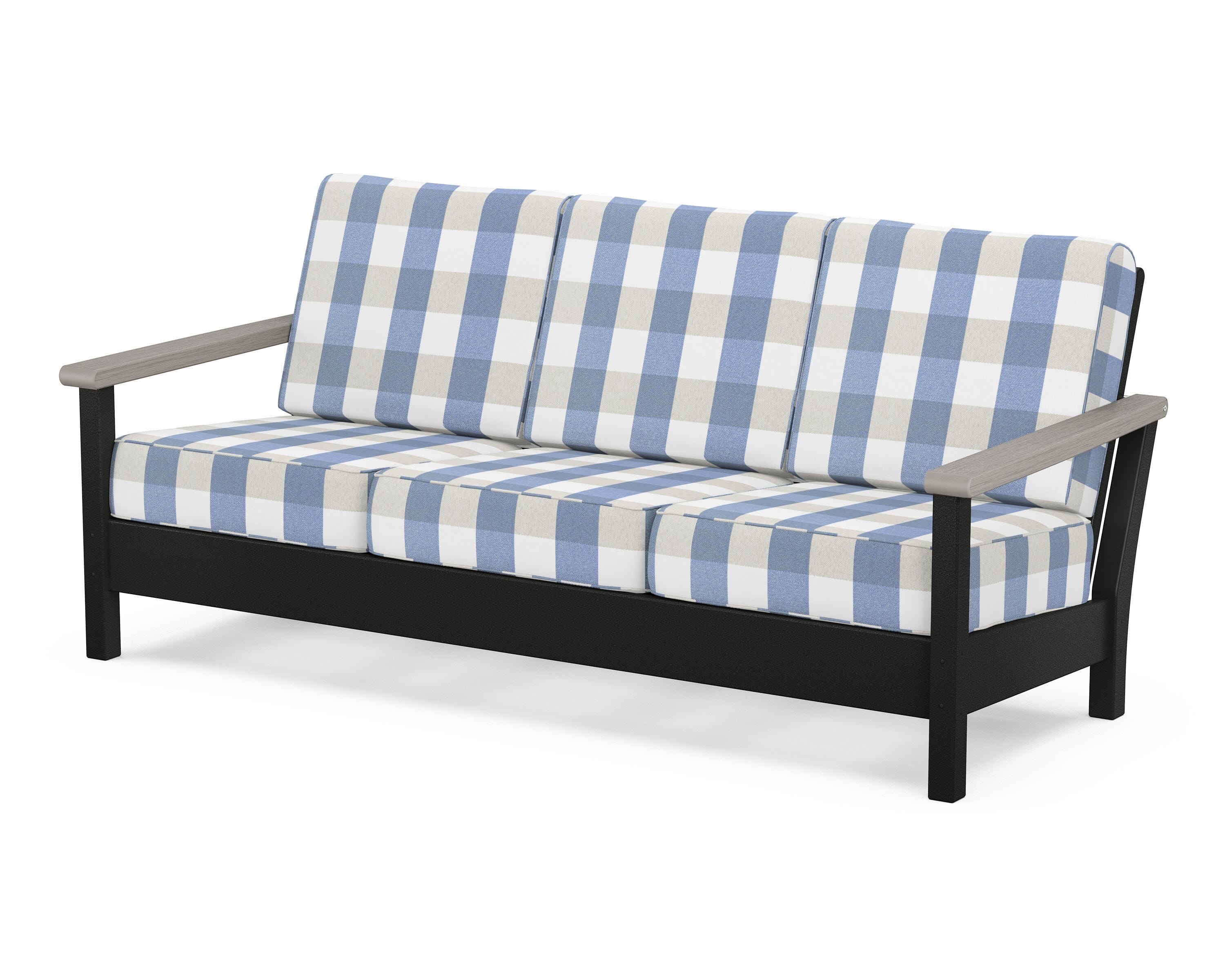 POLYWOOD® Harbour Deep Seating Sofa in Black / Driftwood / Buffalo Plaid Sky Blue