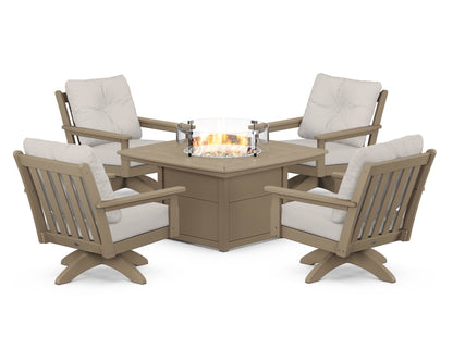 POLYWOOD® Vineyard 5-Piece Deep Seating Swivel Conversation Set with Fire Pit Table in Vintage Sahara / Cast Ash