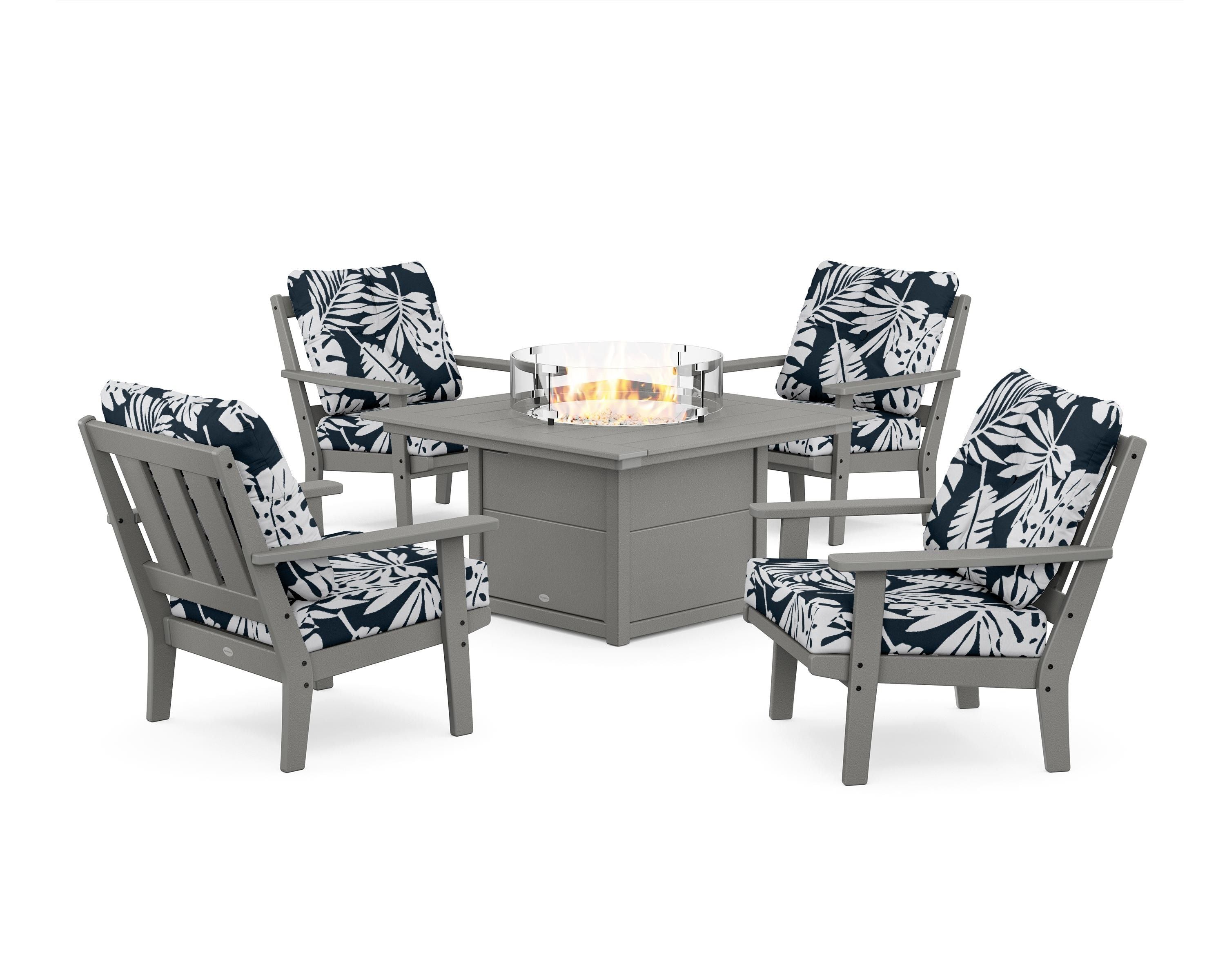POLYWOOD® Oxford 5-Piece Deep Seating Set with Fire Pit Table in Slate Grey / Leaf Marine Indigo