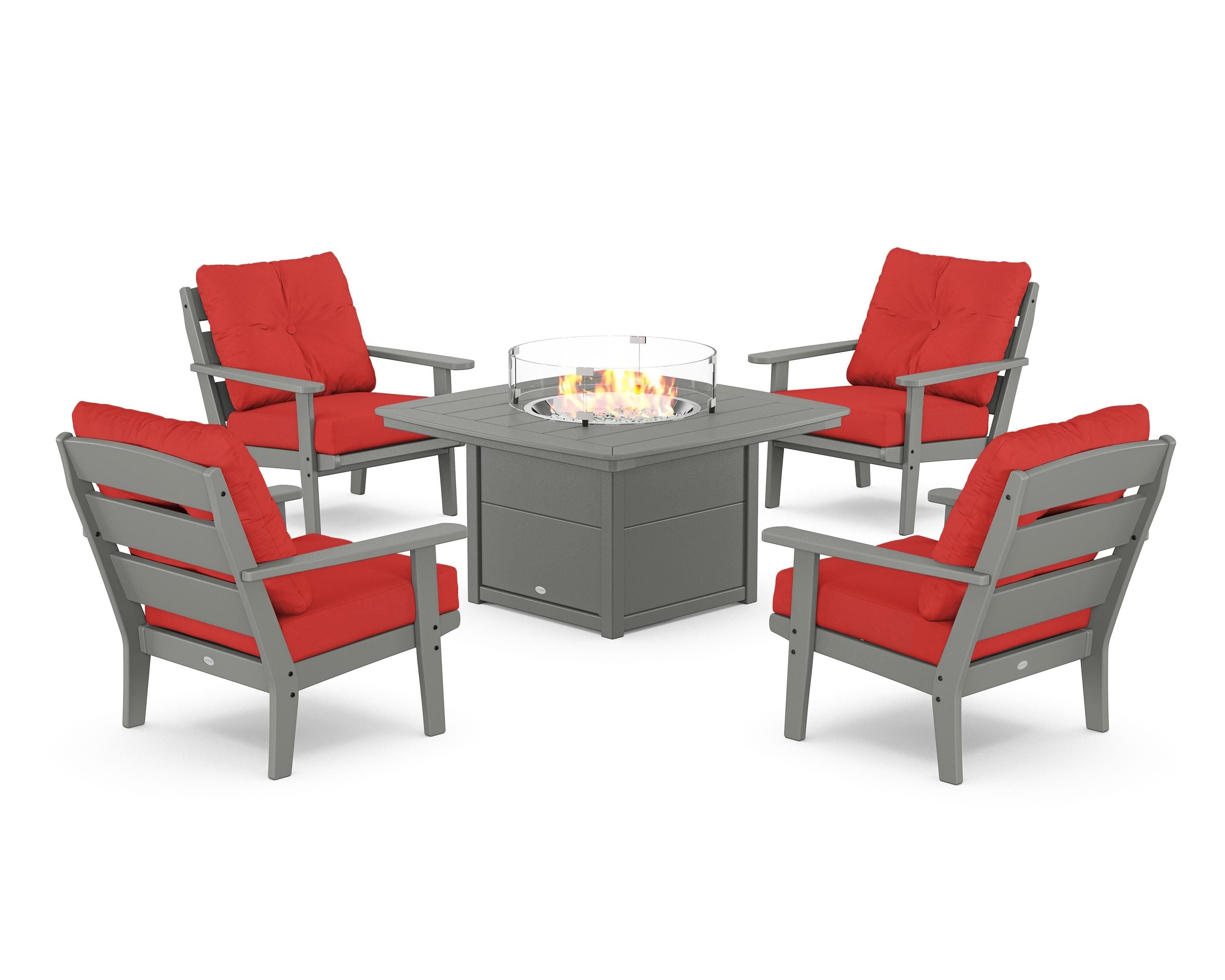POLYWOOD® Lakeside 5-Piece Deep Seating Set with Nautical Fire Pit Table in Slate Grey / Crimson Linen