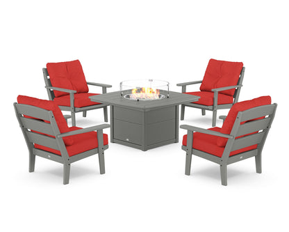 POLYWOOD® Lakeside 5-Piece Deep Seating Set with Nautical Fire Pit Table in Slate Grey / Crimson Linen
