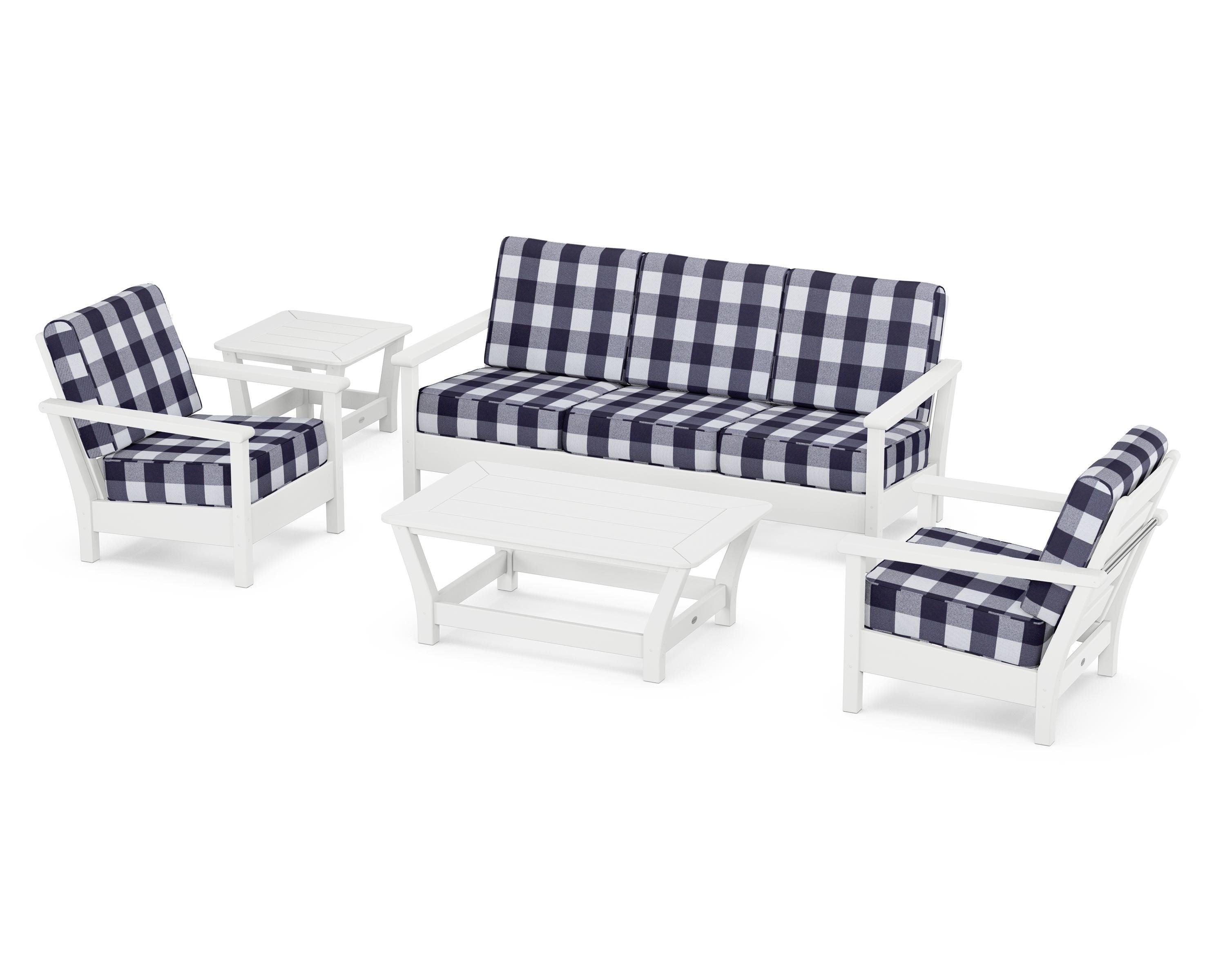 POLYWOOD® Harbour 5-Piece Deep Seating Set in White / Buffalo Plaid Navy