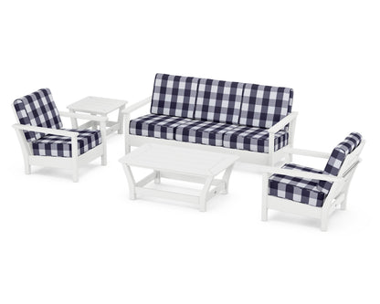 POLYWOOD® Harbour 5-Piece Deep Seating Set in White / Buffalo Plaid Navy