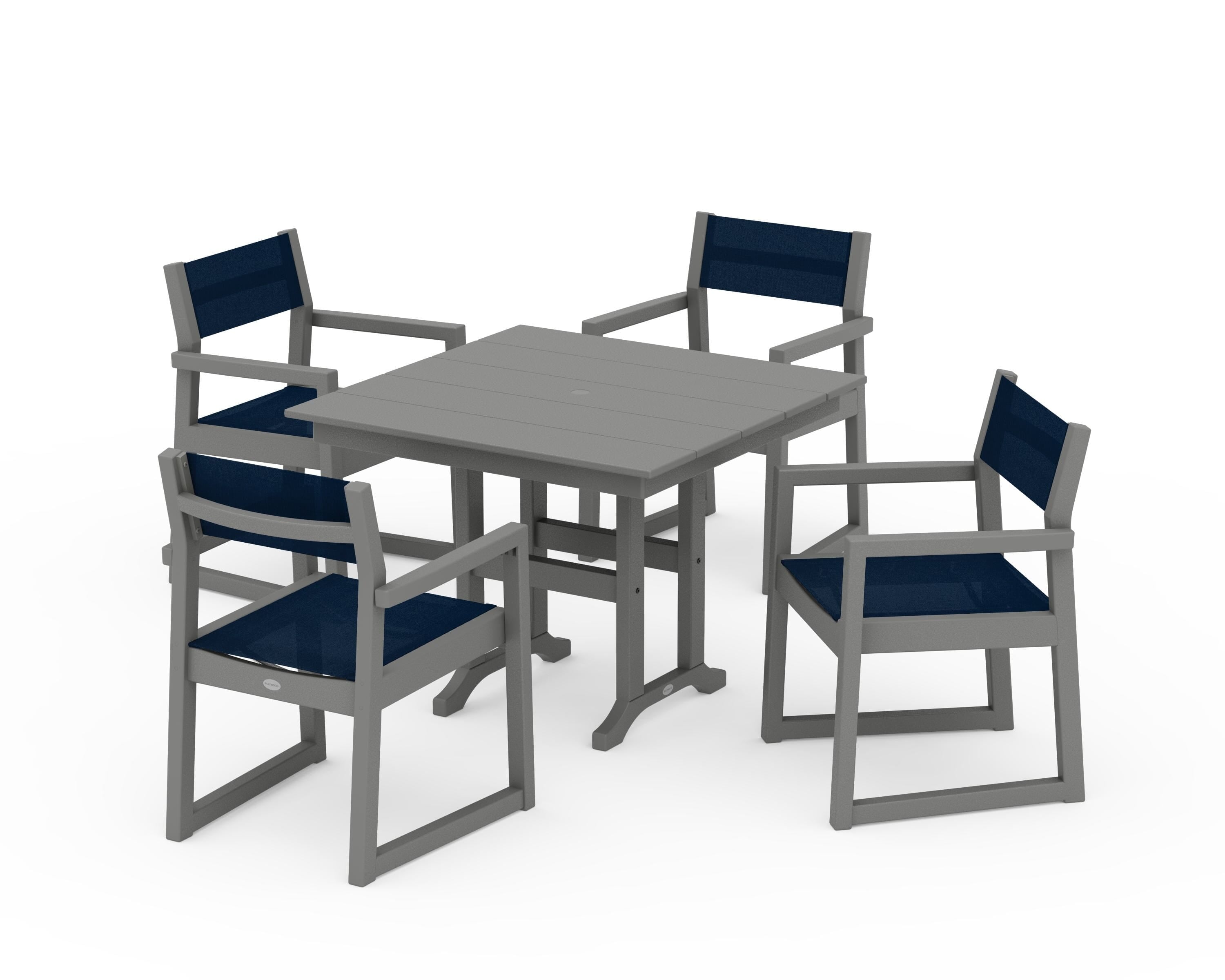 POLYWOOD® EDGE Sling Arm Chair 5-Piece Farmhouse Dining Set in Slate Grey / Navy Blue Sling