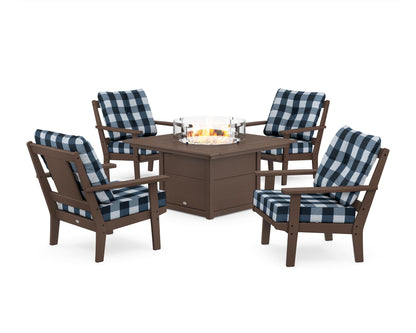 POLYWOOD® Prairie 5-Piece Deep Seating Set with Fire Pit Table in Mahogany / Buffalo Plaid Marine Indigo