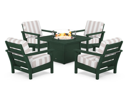 POLYWOOD® Harbour 5-Piece Conversation Set with Fire Pit Table in Green / Cabana Stripe Dune Burlap