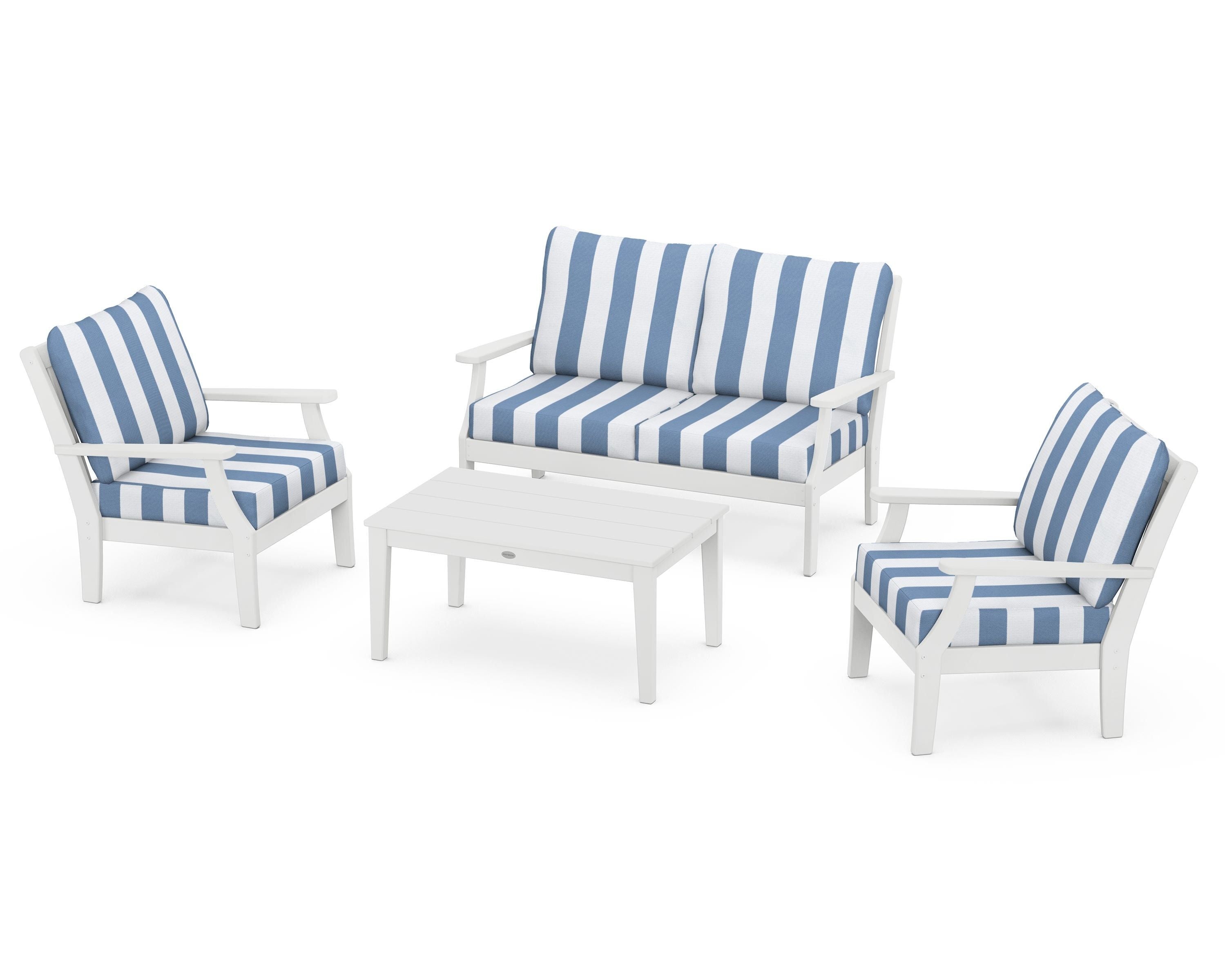 POLYWOOD® Braxton 4-Piece Deep Seating Chair Set in White / Cabana Stripe Sky Blue
