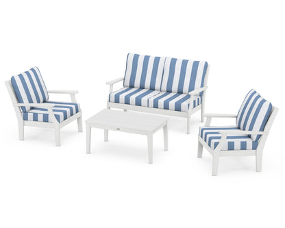 POLYWOOD® Braxton 4-Piece Deep Seating Chair Set in White / Cabana Stripe Sky Blue