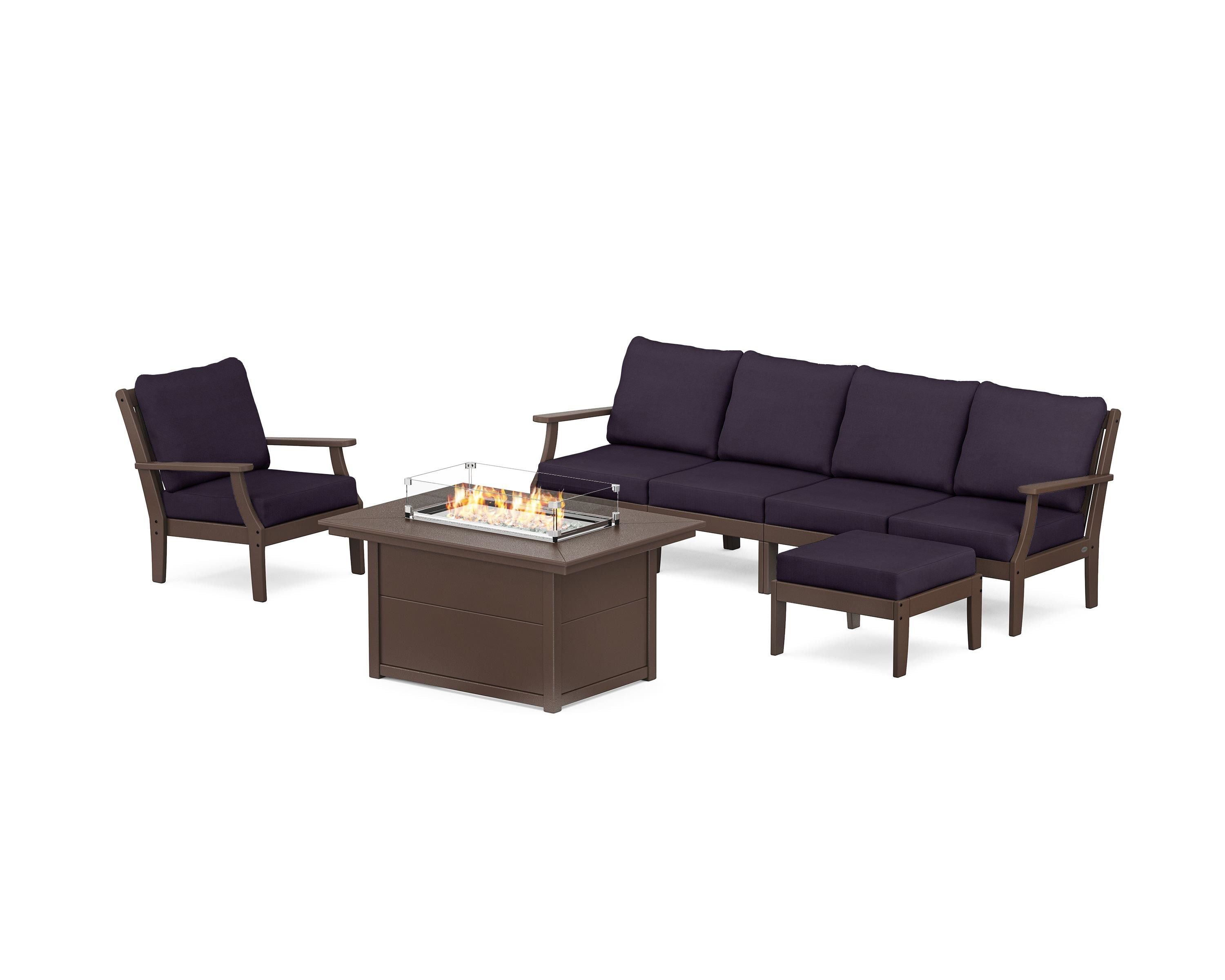 POLYWOOD® Braxton Sectional Lounge and Fire Pit Set in Mahogany / Navy Linen