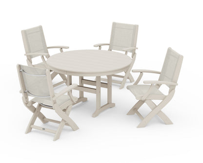 POLYWOOD® Coastal Folding Chair 5-Piece Round Dining Set in Sand / Parchment Sling