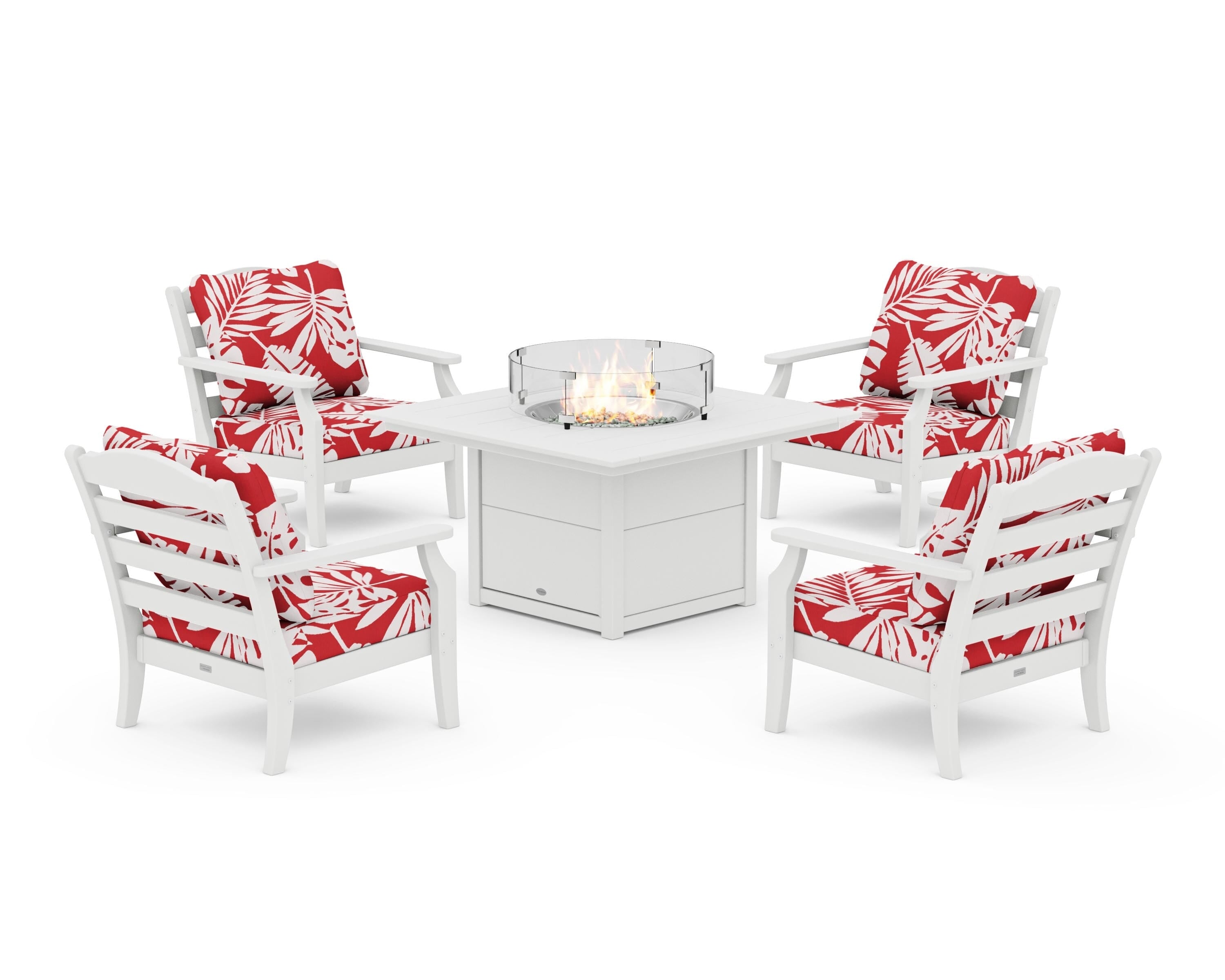 Draper James™ by  POLYWOOD® Savannah 5-Piece Deep Seating Set with Fire Pit Table in White / Leaf Crimson