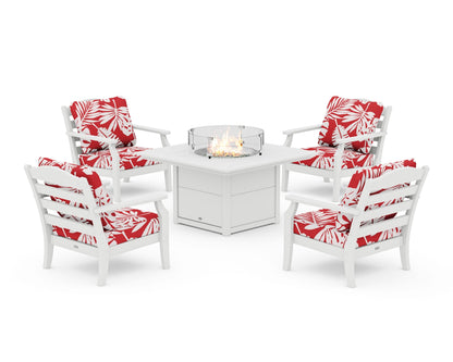 Draper James™ by  POLYWOOD® Savannah 5-Piece Deep Seating Set with Fire Pit Table in White / Leaf Crimson