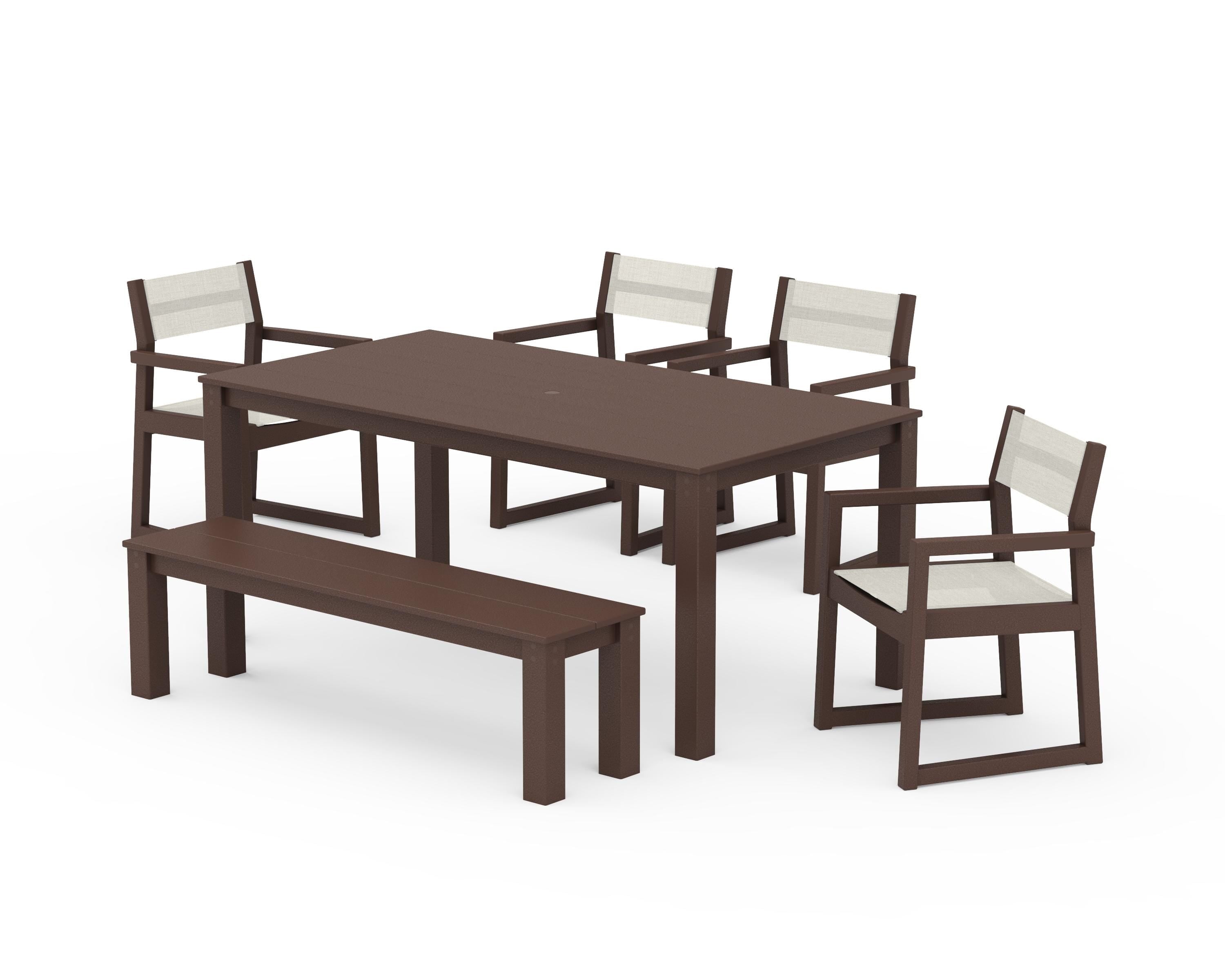 POLYWOOD® EDGE Sling Arm Chair 6-Piece Parsons Dining Set with Bench in Mahogany / Parchment Sling
