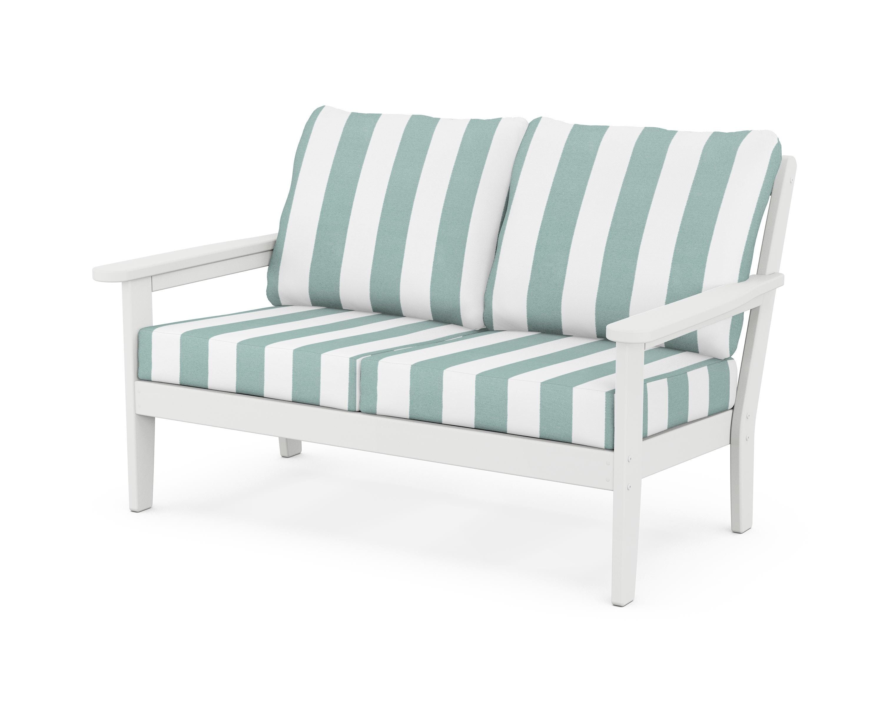 Country Living Cottage Deep Seating Loveseat in White / Cabana Stripe Glacier Spa