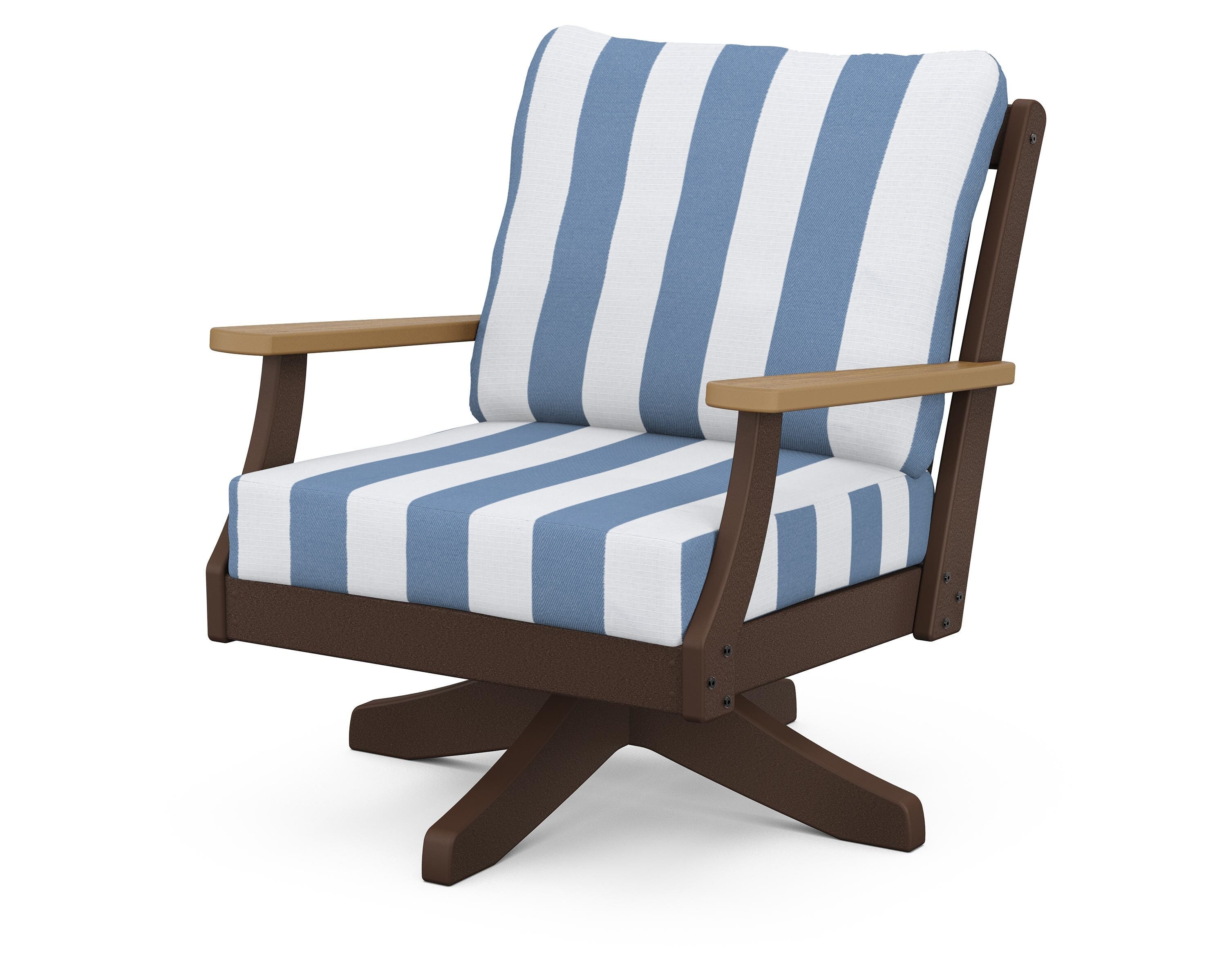 POLYWOOD® Braxton Deep Seating Swivel Chair in Mahogany / Natural / Cabana Stripe Sky Blue